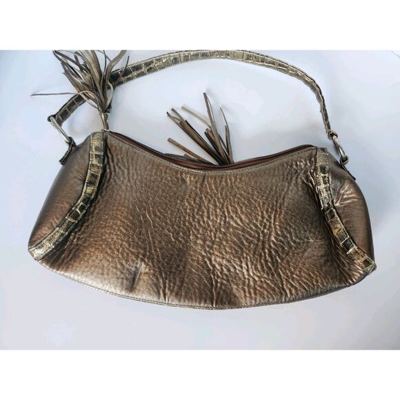Vtg 90s Y2k Metallic Baguette Handbag Moc Croc Vegan Leather Rhinestone Studded - Picture 3 of 7